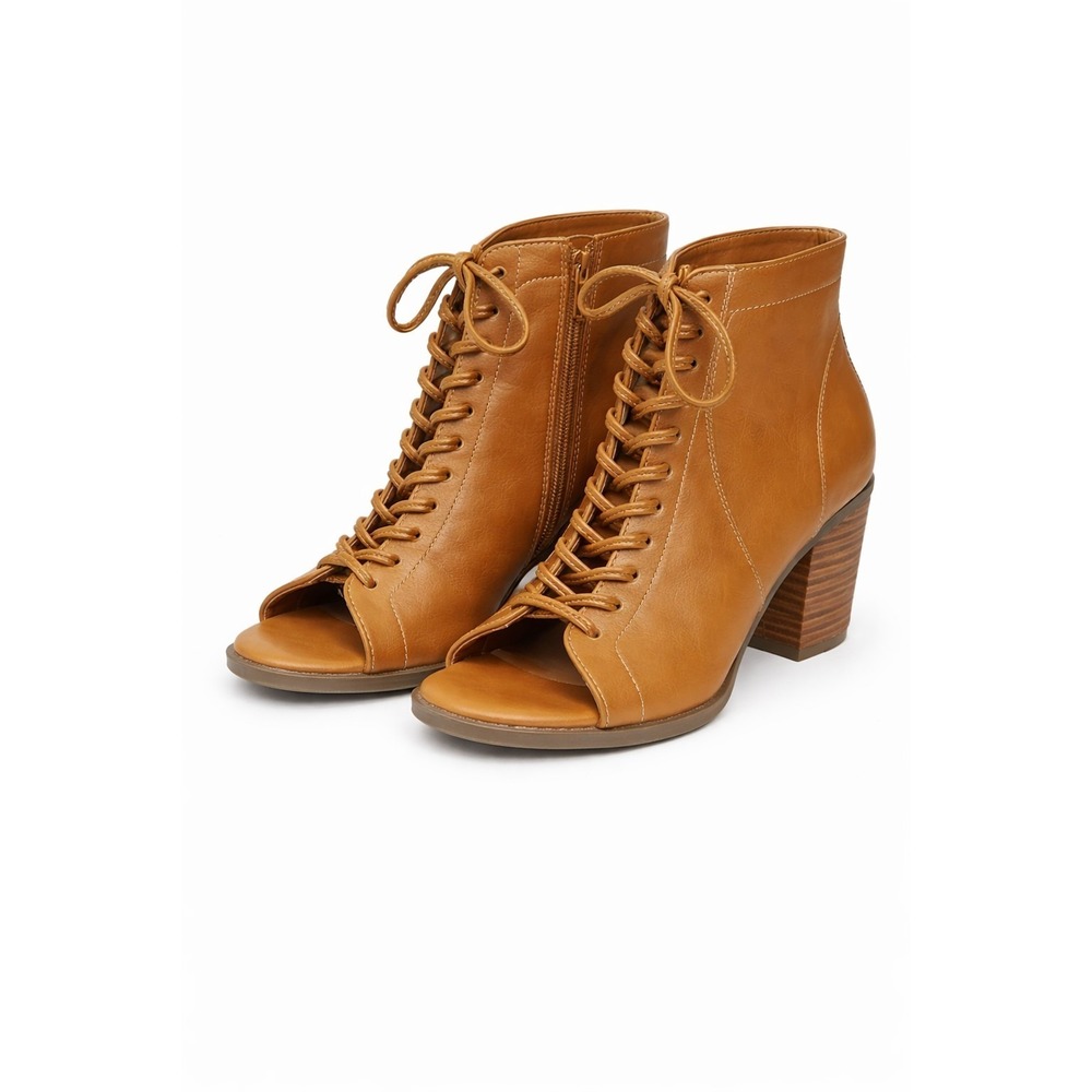 Forever 21 Tan Lace Up Peep Toe Ankle Booties Block Heel Side Zip Womens 7.5